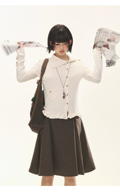 "Cotton Ruffle" Tea Apricot Asymmetric Knit Cardigan