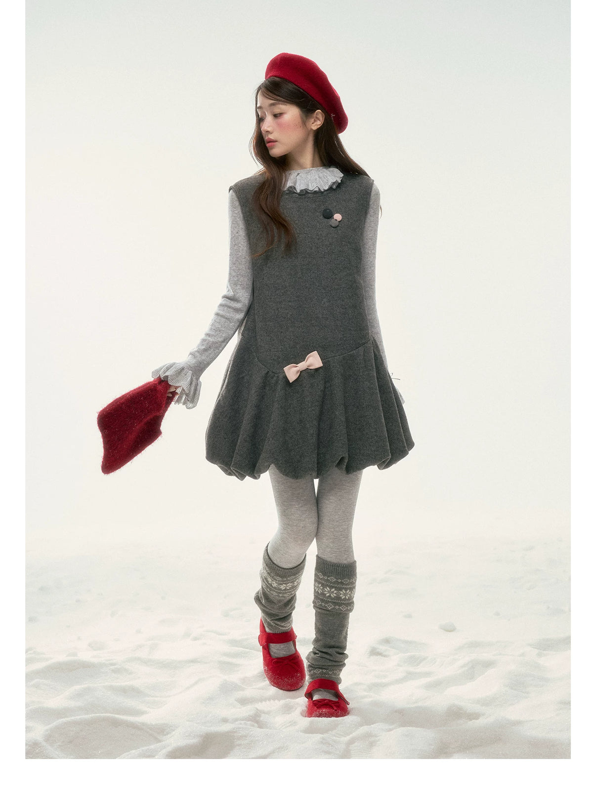 BIBIBENCY - Gray Blouson Cami Dress & Layering Top Set