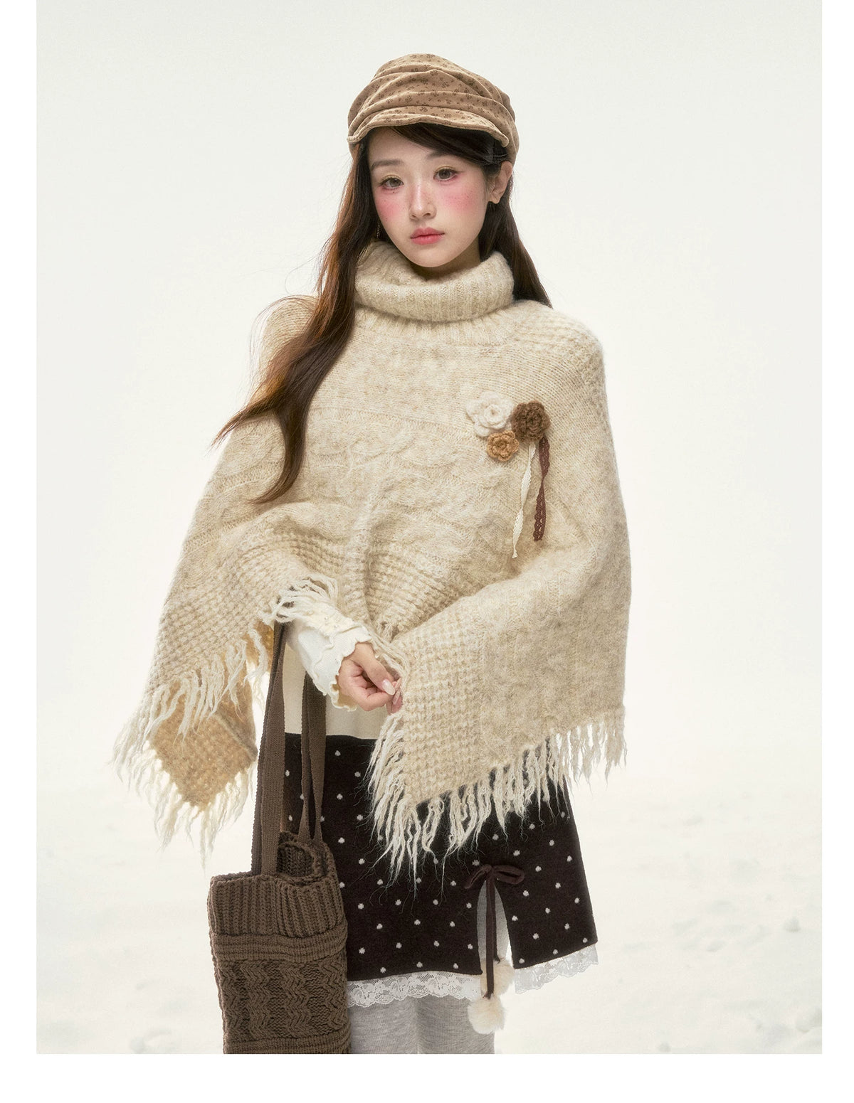 BIBIBENCY - Brown Polka Dot A-Line Knit Skirt with Bow Details