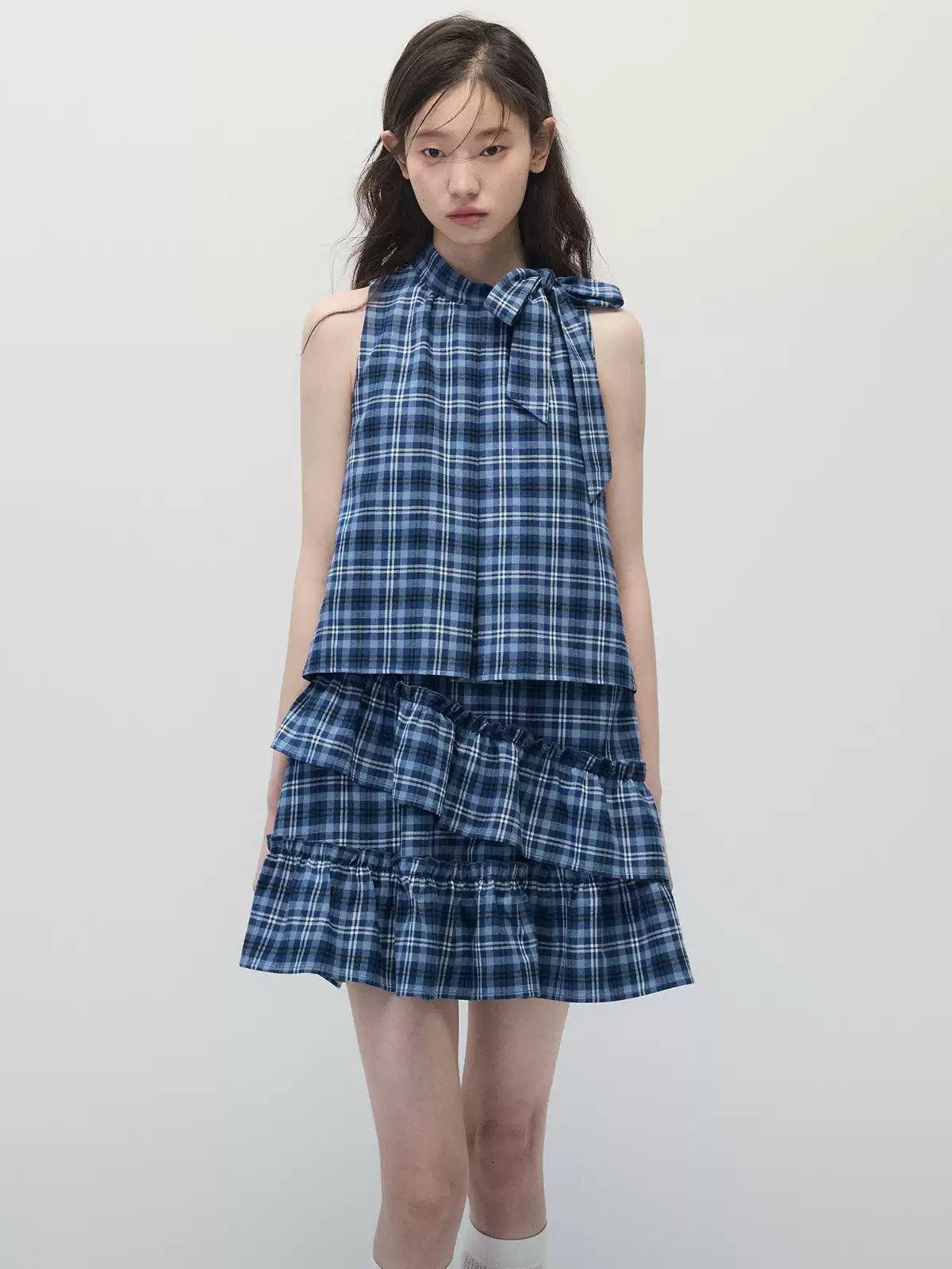 Blue Plaid Sleeveless Tiered Midi Dress with Ruffle Trim
