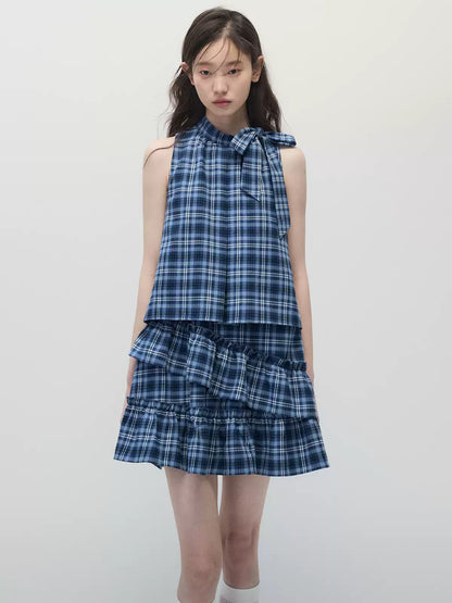 Blue Plaid Sleeveless Tiered Midi Dress with Ruffle Trim