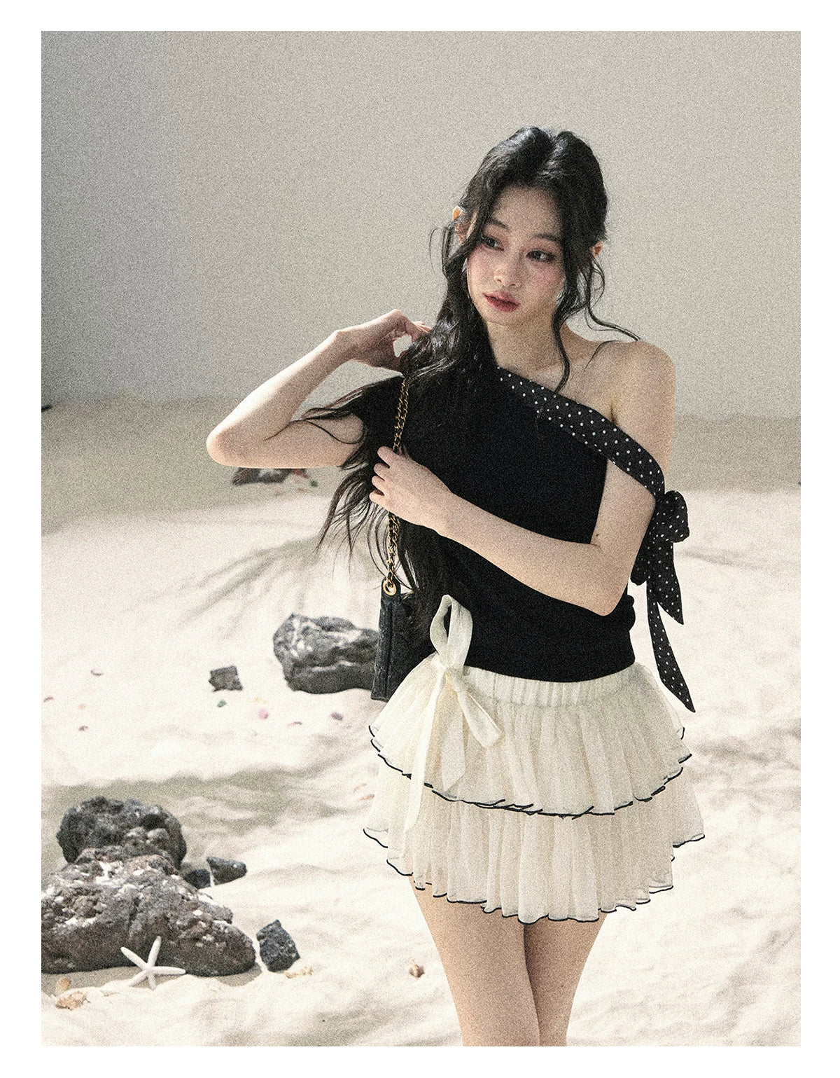 "Morning Dew & Evening Breeze" Midnight Black One-Shoulder Polka Dot Crop Top