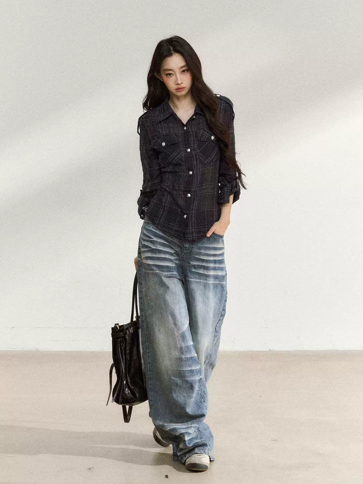 JN's DESIGN - Plaid Adjustable-Waist Long-Sleeve Shirt
