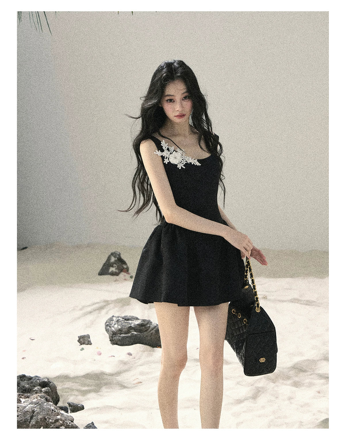 "Wisteria Climbing the Vines" Black Iris Floral Lace Puff Mini Dress 7645