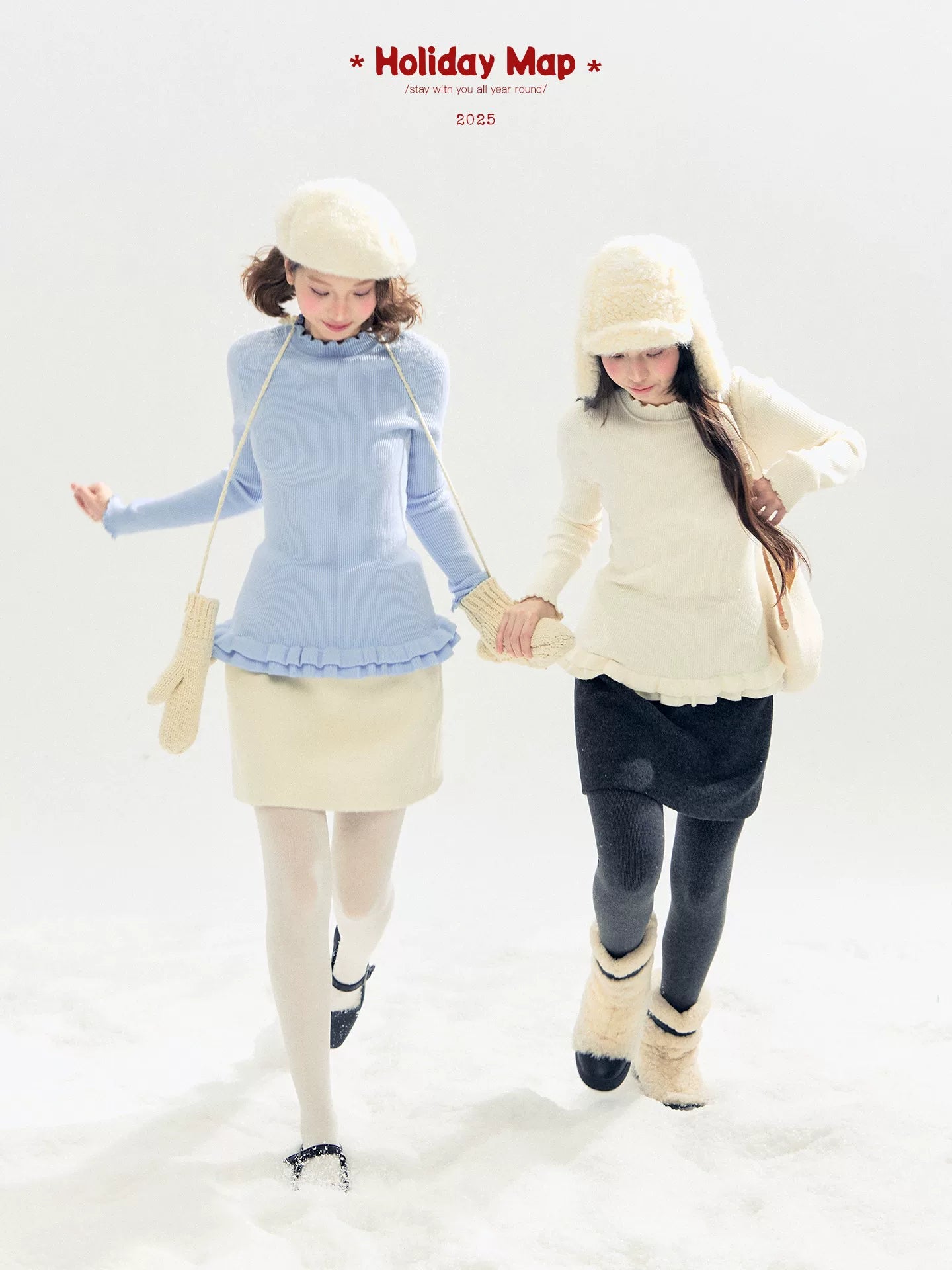"Morning Mist" A-Line Wool-Blend Mini Skirt (Mist Gray/ Cream Beige)