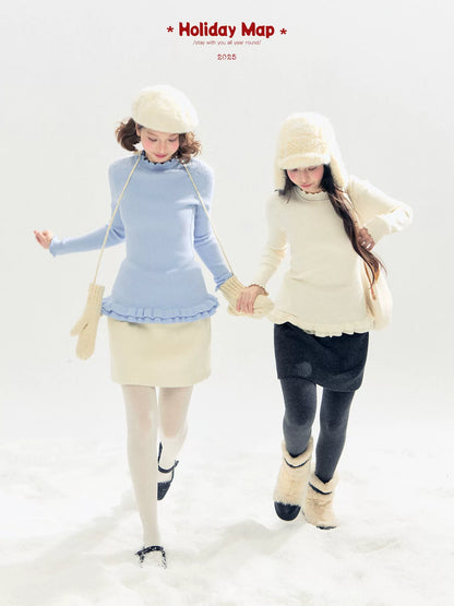 "Morning Mist" A-Line Wool-Blend Mini Skirt (Mist Gray/ Cream Beige)