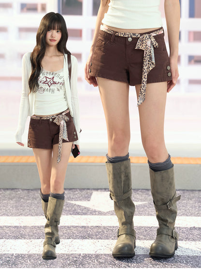 "Desert Departure" Dark Brown Denim Shorts (Includes Leopard Scarf Belt)