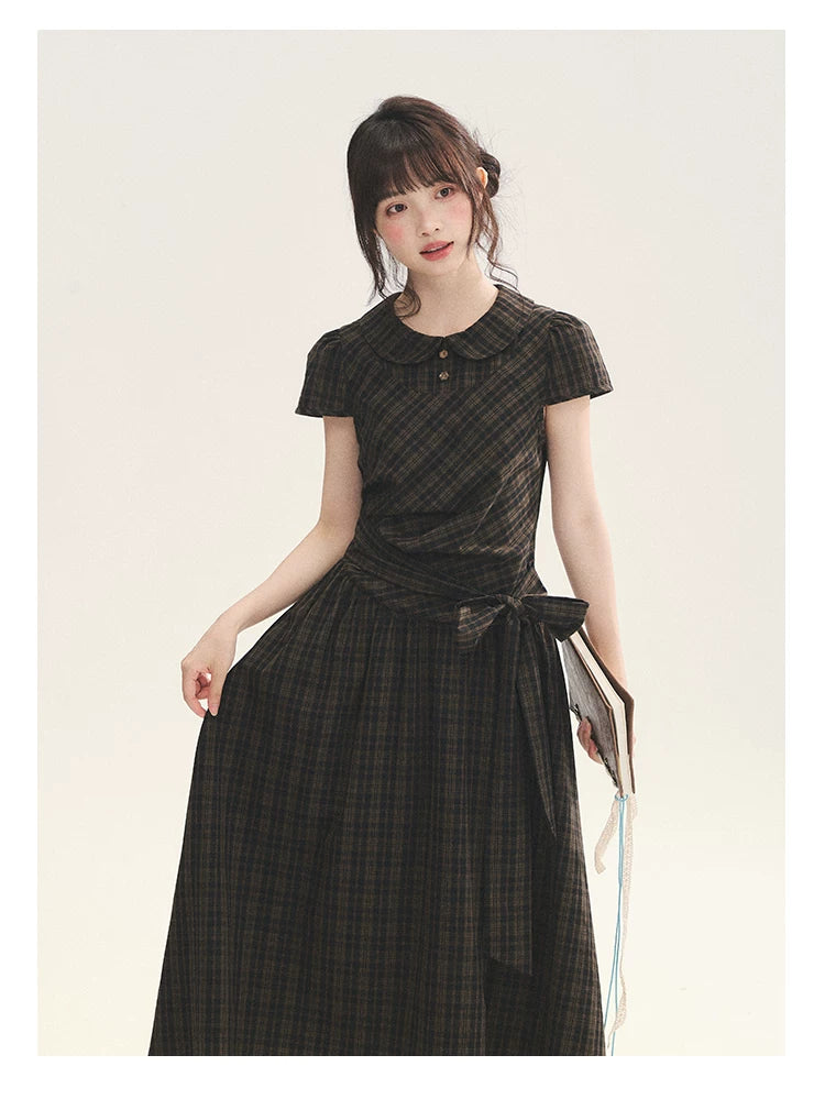 "Vintage Scholar" Black Brown Plaid Bow Tie Peter Pan Collar Maxi Dress
