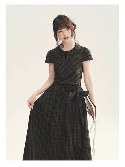 "Vintage Scholar" Black Brown Plaid Bow Tie Peter Pan Collar Maxi Dress