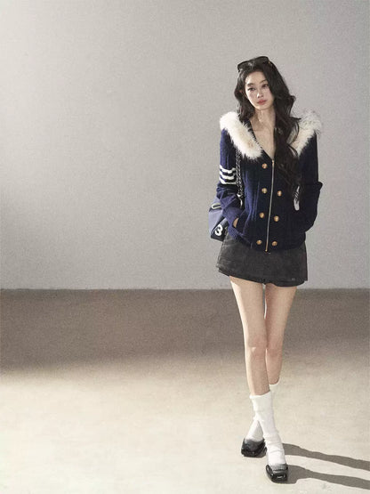 AOMALM - Blue Hooded Cable-Knit Sweater Jacket with White Stripes