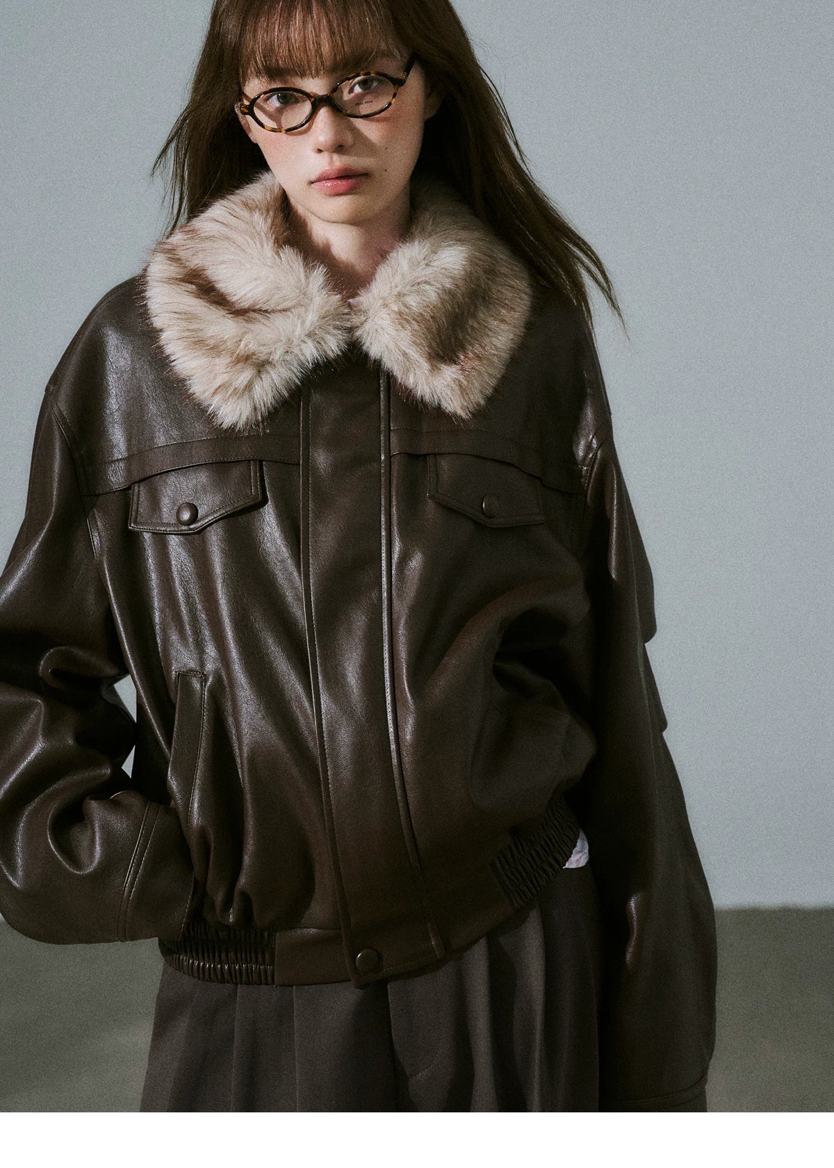 LOST FOREST - Pink-Brown Faux Leather Moto Jacket with Plaid Wool Collar