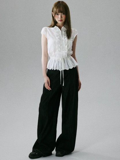 LOST FOREST - White Embroidered Ruffle Sleeve Cotton Blouse