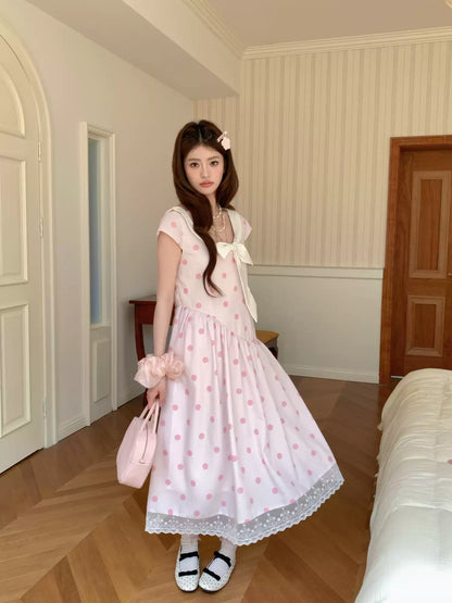 [RF] “Polka Dot Pudding” Soft Mist Pink Bow Lace-Trimmed Dress