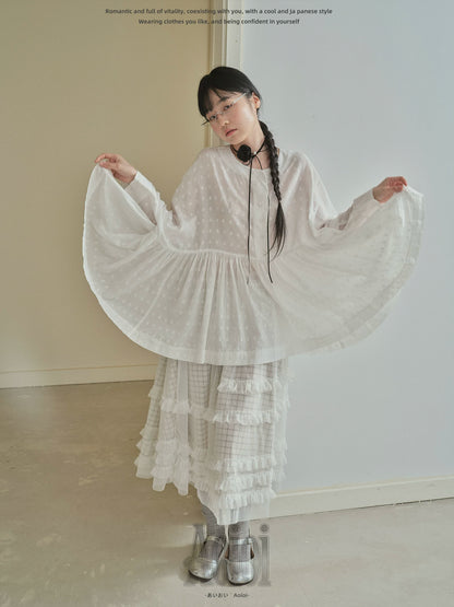 "Soft Polka Whisper" White Long Sleeve Babydoll Midi Dress