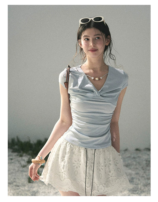 “Sheer Spring Whisper” Moonlight Blue Twist V-Neck Top