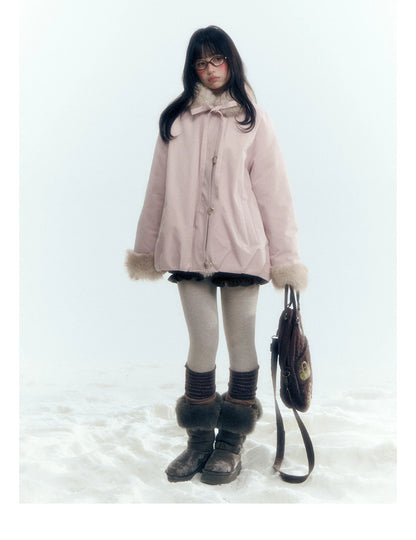 Horridale - Blue Bud-Shaped Faux Fur Collar Parka Down Jacket