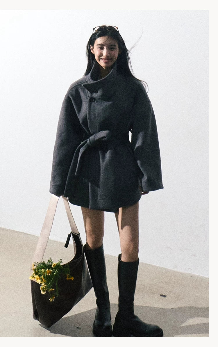 OAKMOO/ "The Breath of Time" Classic Gray Wool-Blend Belted Short Coat