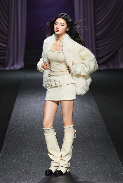 "Winter Chalet" Ivory Faux Fur Collar Padded Jacket