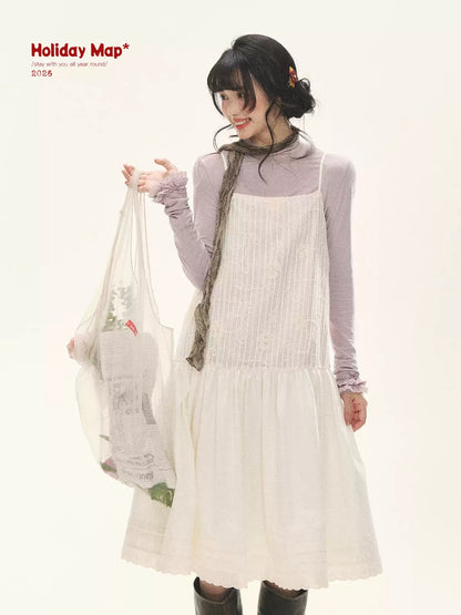 "Ivory Blossoms" Apricot Mist Beige Floral Pinafore Midi Dress