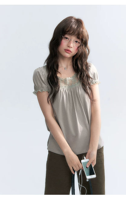 "Vintage Cream" Milk Gray Lace Trim Puff Sleeve T-Shirt
