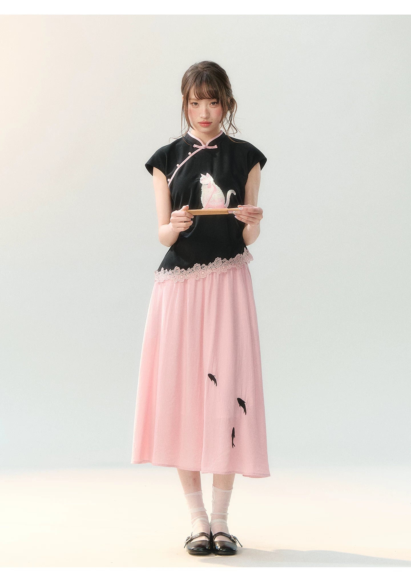 "Pink Letter, Cat’s Silhouette" New Chinese Embroidered Skirt Set SH2026223