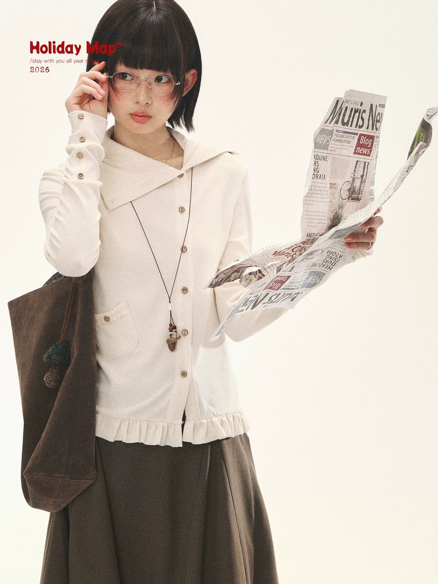 "Cotton Ruffle" Tea Apricot Asymmetric Knit Cardigan