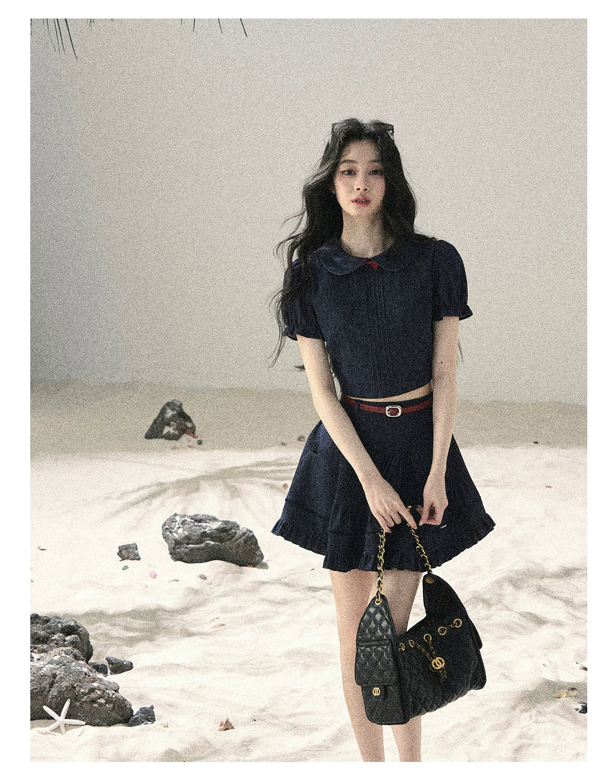 "Seaside Breeze" Navy Blue Denim Pleated Top & Mini Skirt Two-Piece Set