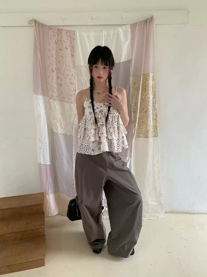 "Among the Blossoms" Soft Gray Floral Cotton Ruffle Cami Top