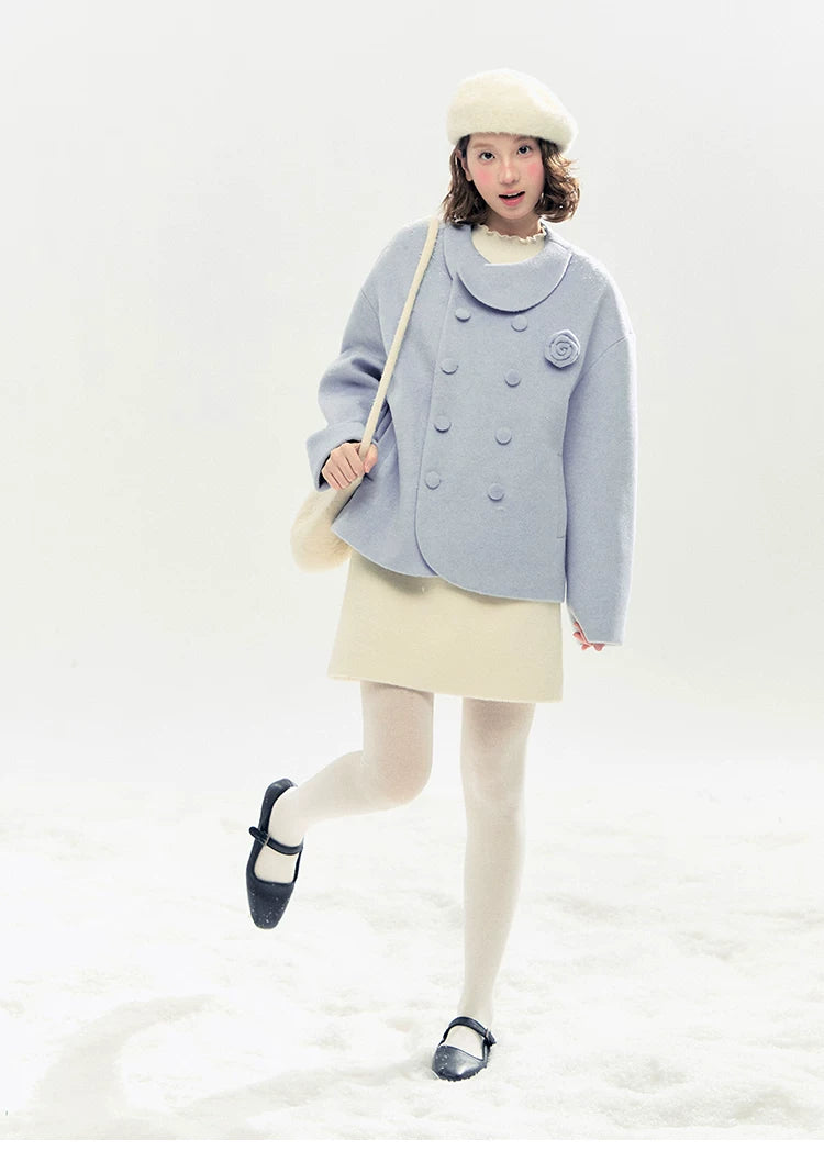 "Morning Mist" A-Line Wool-Blend Mini Skirt (Mist Gray/ Cream Beige)