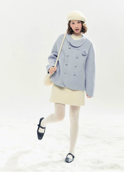"Rose Manifesto" Frosted Blue Double-Breasted Quilted Wool-Blend Peacoat