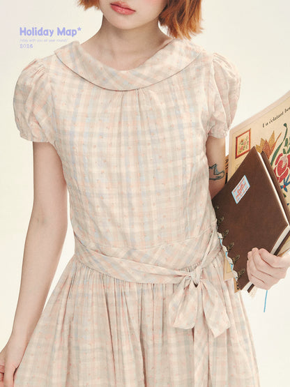 "Showa Girl" Vintage Plaid Floral Print Peter Pan Collar Bow Waist-Defined A-Line Dress
