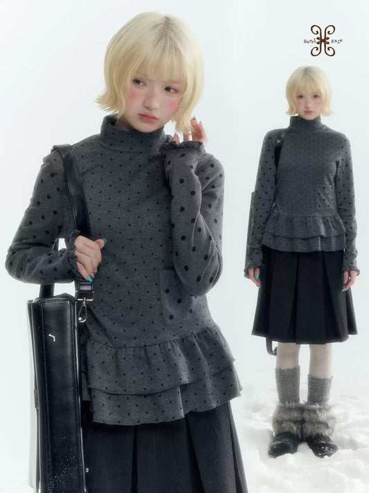 Horridale - Dark Gray Polka Dot Mock Neck Layering Top with Ruffle Hem