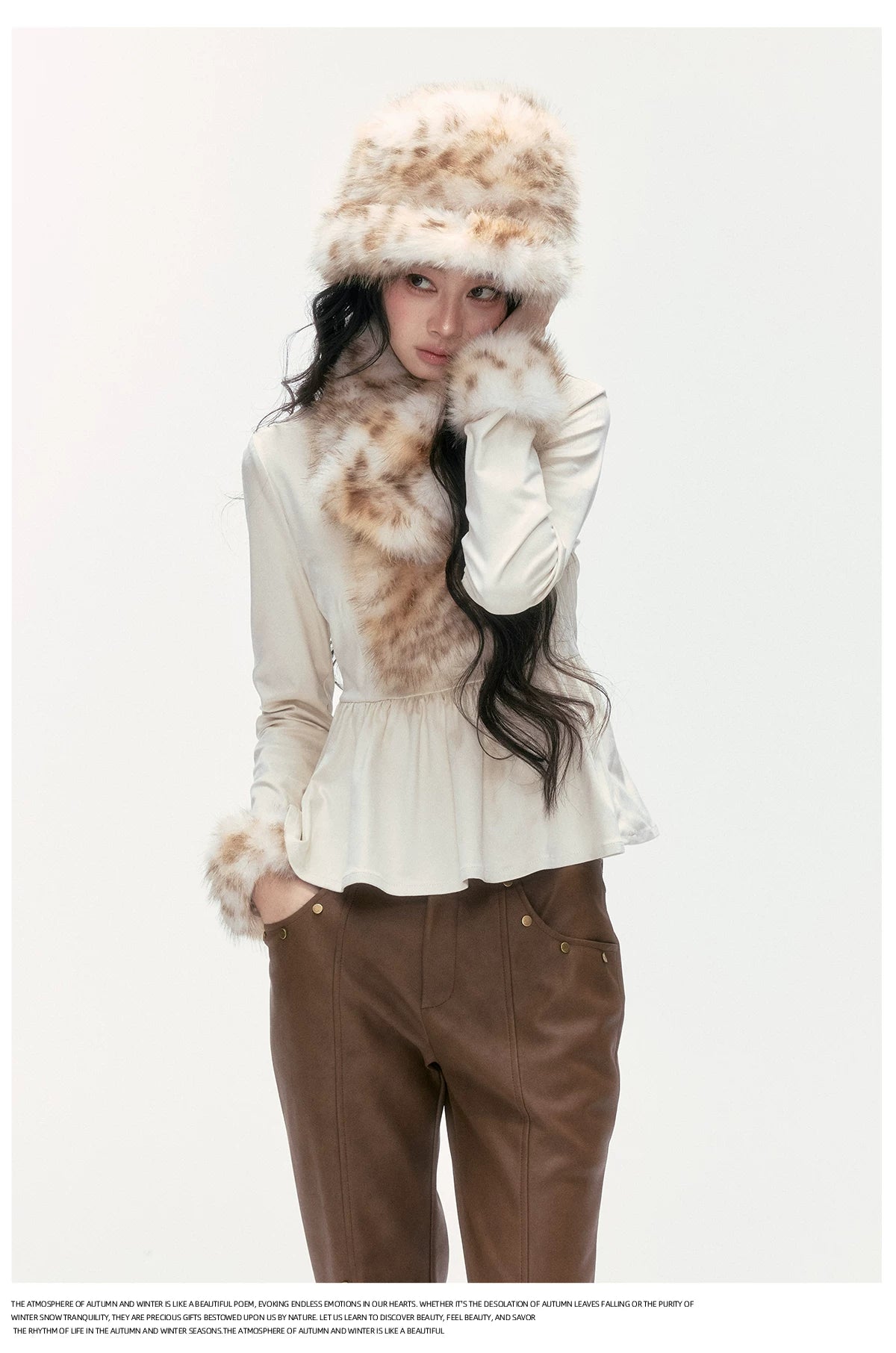 24olvides - [FREE GIFT] Winter Accessories Set: Faux Fur Scarf, Bucket Hat & Satin Bow Brooch