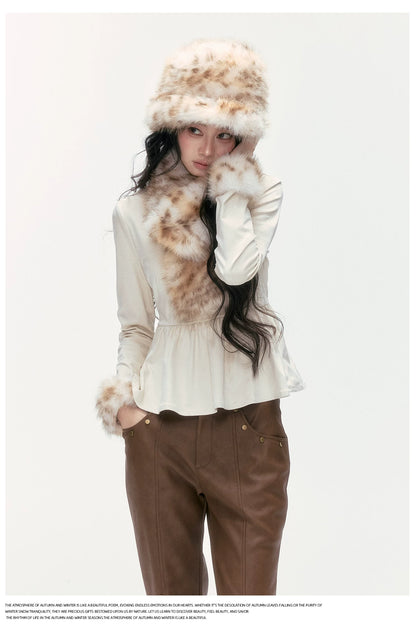 24olvides - [FREE GIFT] Winter Accessories Set: Faux Fur Scarf, Bucket Hat & Satin Bow Brooch