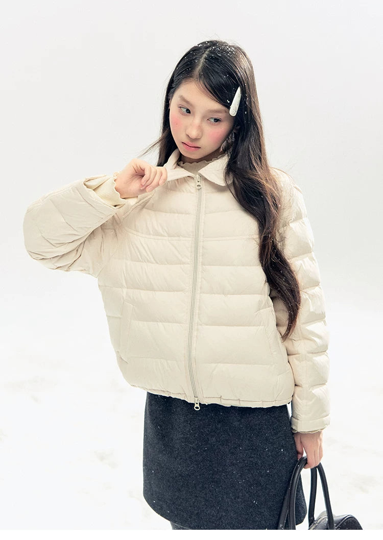 "Lily of the Valley Keepsake" Cropped Down Puffer Jacket (Pearl Beige/ Cloud Blue)