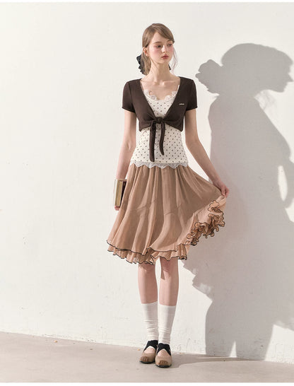 "Summer Café Encounter" Chocolate Knit Cardigan, Floral Lace Cami & Mocha Chiffon Skirt Set
