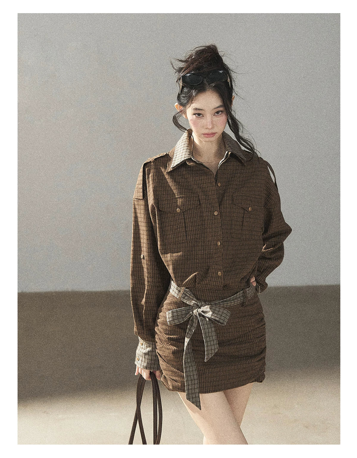 AOMALM - "A Promise Beneath the Oak" Crabapple Brown Plaid Shirt Dress with Belt