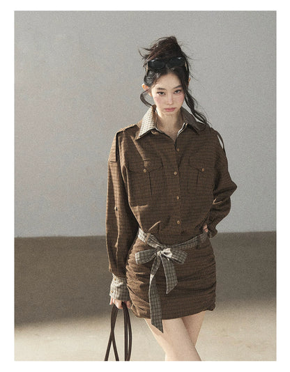 AOMALM - "A Promise Beneath the Oak" Crabapple Brown Plaid Shirt Dress with Belt