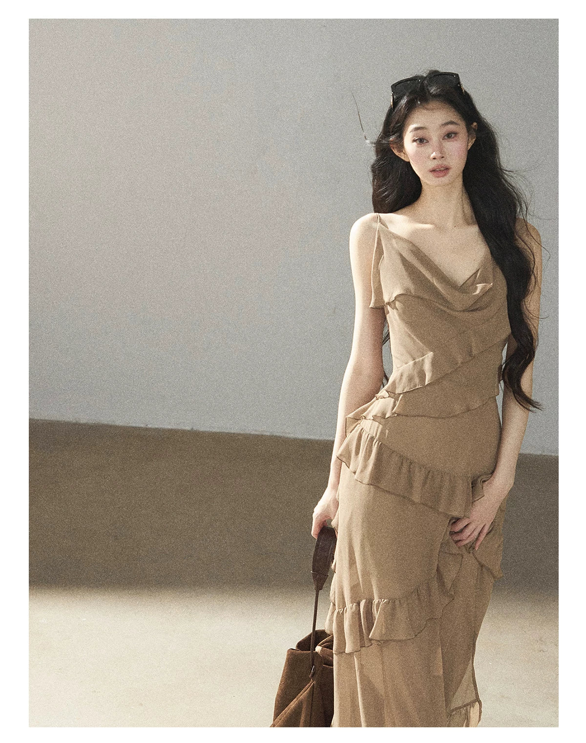AOMALM - Cinnamon Gray-Brown Ruffle Chiffon Maxi Dress