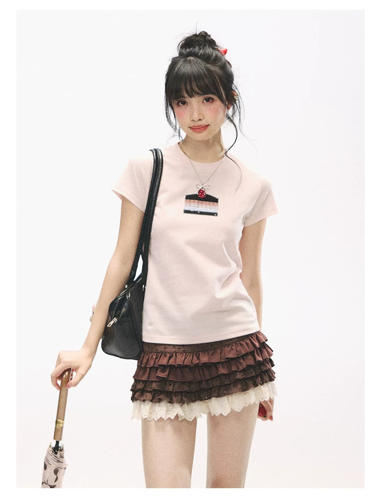 "Strawberry Shortcake Mood" Peach Pink Patchwork Cake Graphic Cotton Tee