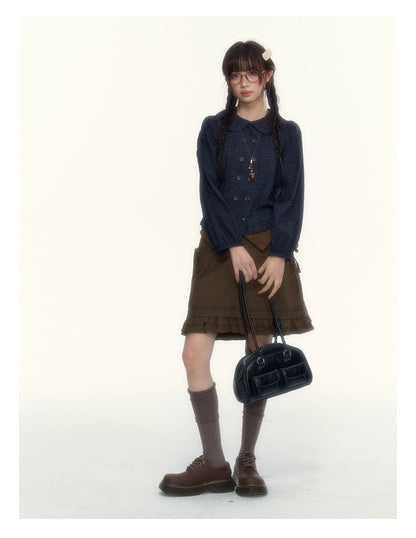 “Academy Melody” Navy Plaid & Dusty Purple Peter Pan Collar Cotton Shirt (Navy Plaid / Dusty Purple)