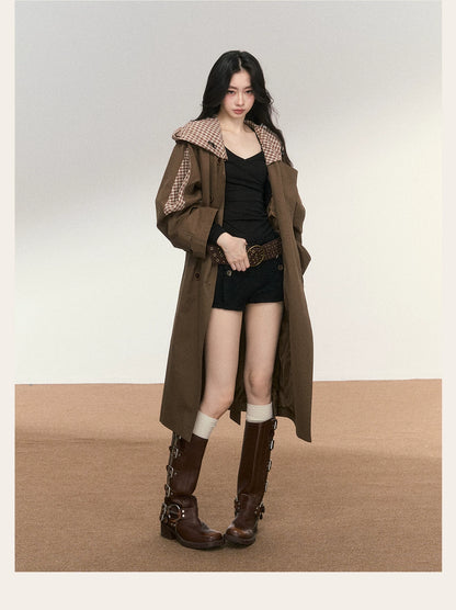 JN's DESIGN - Vintage Plaid Panel Hooded Trench Coat