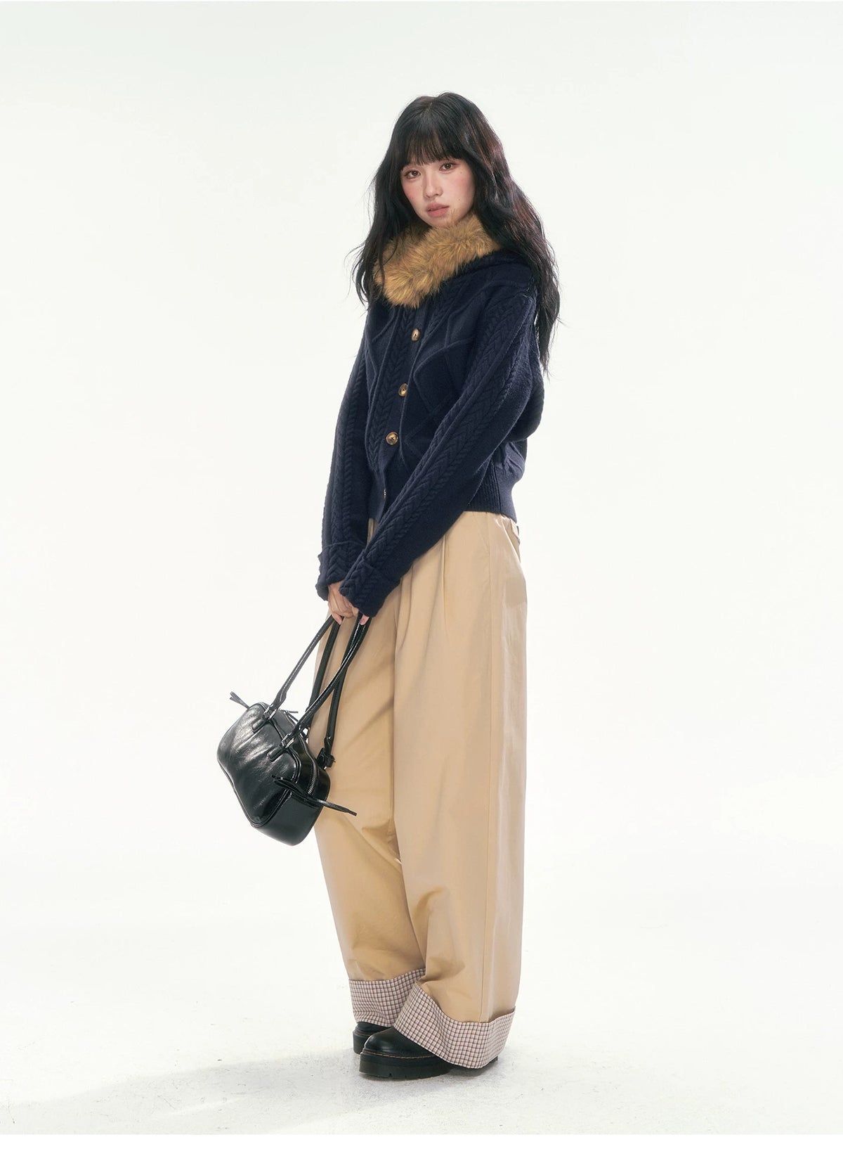 [CAN] Cable Knit Hooded Cardigan (Navy / Dusty Pink)