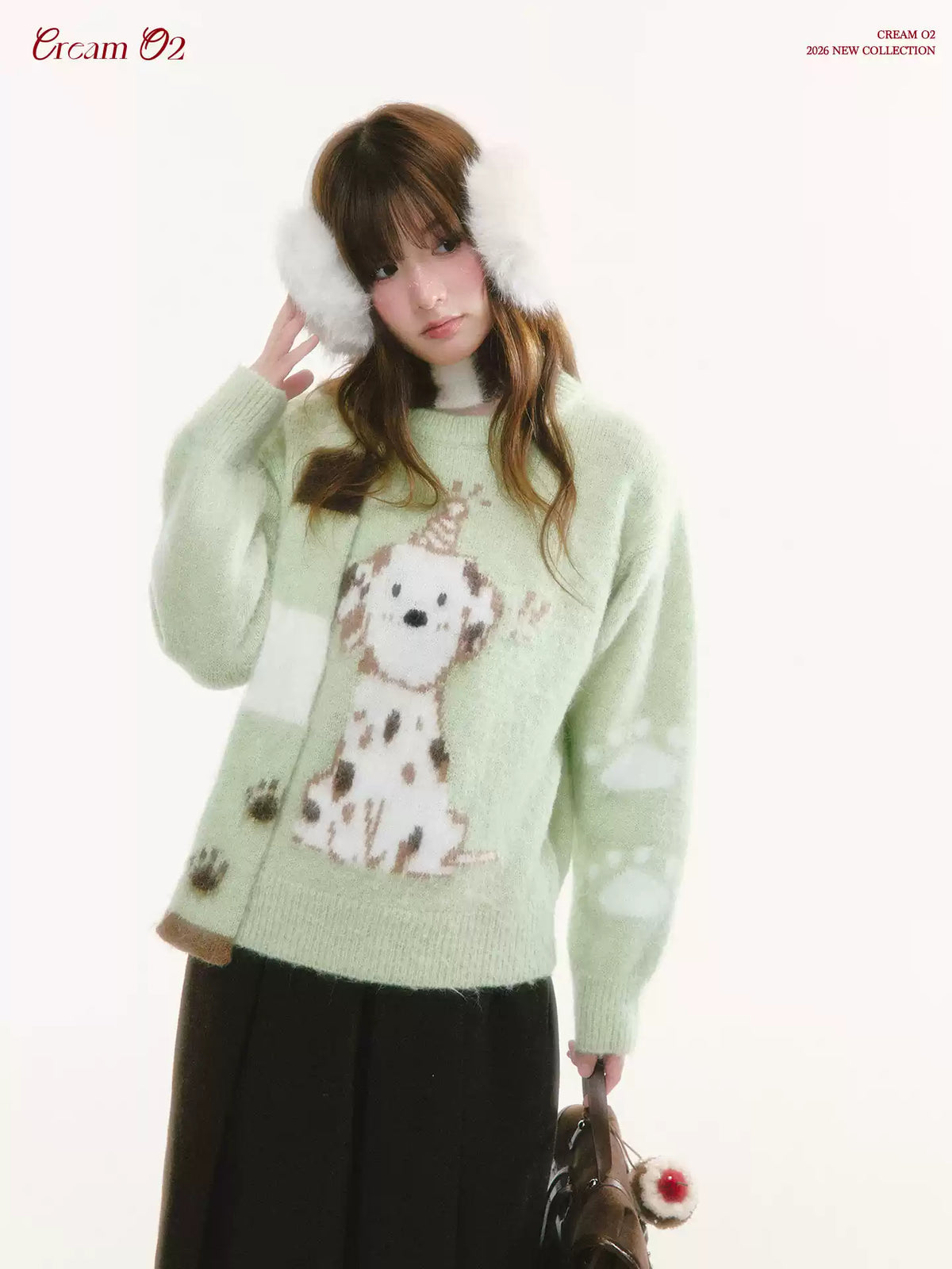 CREAMO2 - Spotted Dog Jacquard Crewneck Sweater (With Scarf)