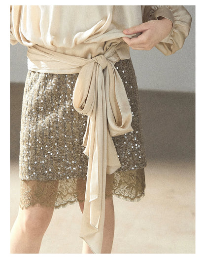 AOMALM - Gray Taupe Brown Sequin Lace Midi Skirt