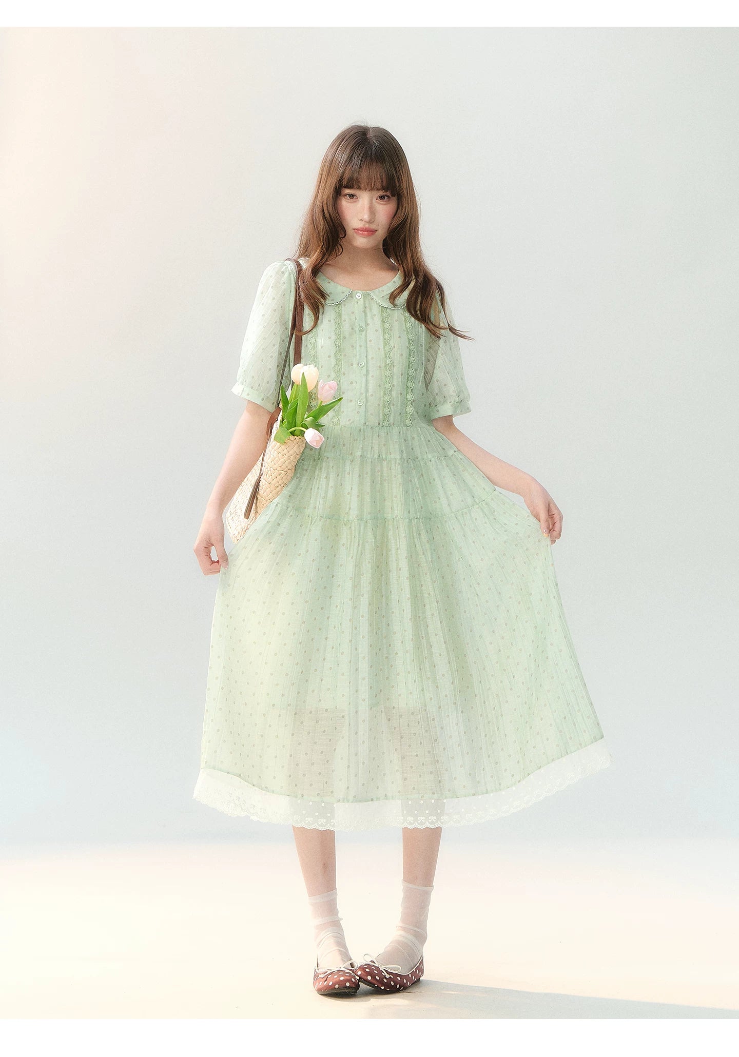 "Hyacinth Ballad" Sage Green Polka Dot Tiered Dress LL2026210
