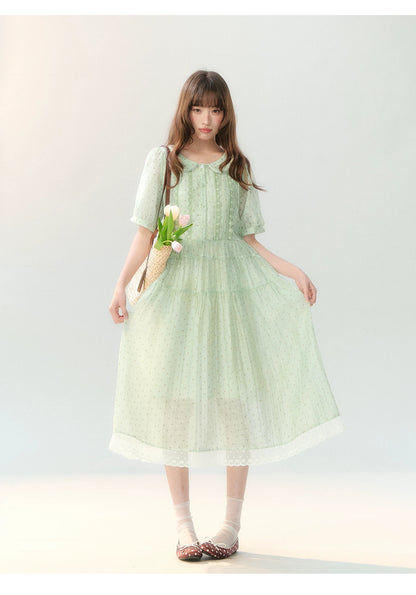 "Hyacinth Ballad" Sage Green Polka Dot Tiered Dress LL2026210