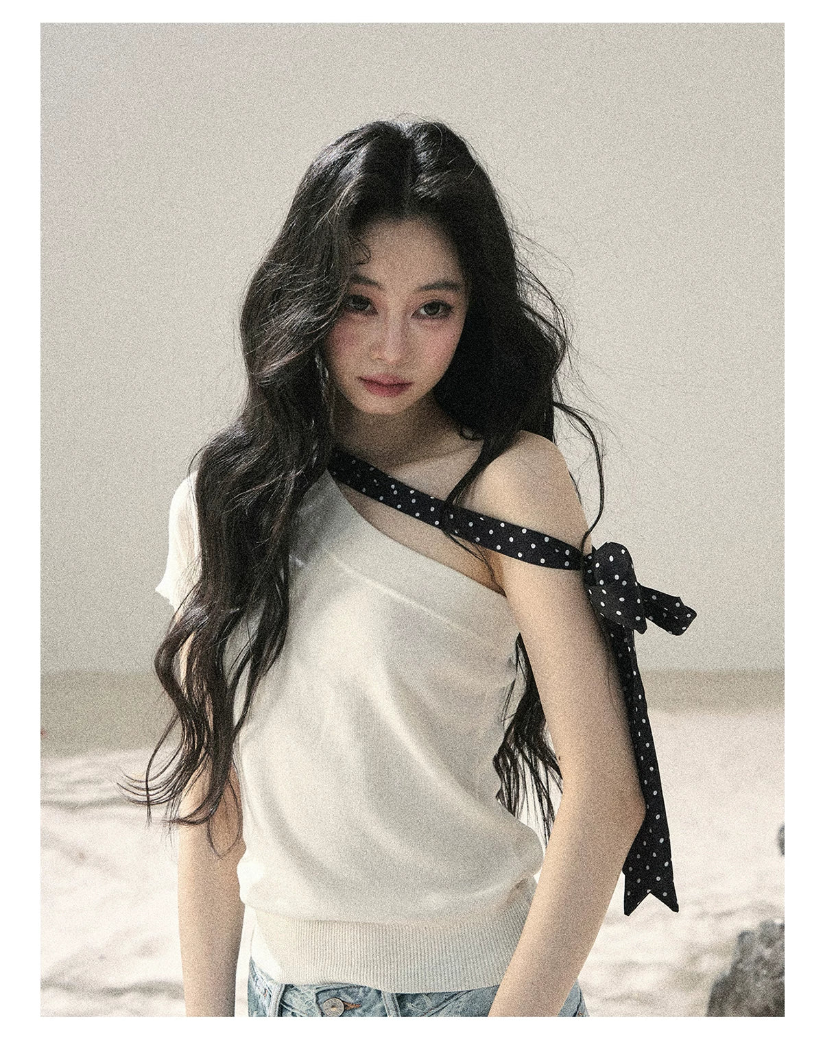 "Morning Dew & Evening Breeze" Cheese White One-Shoulder Polka Dot Crop Top