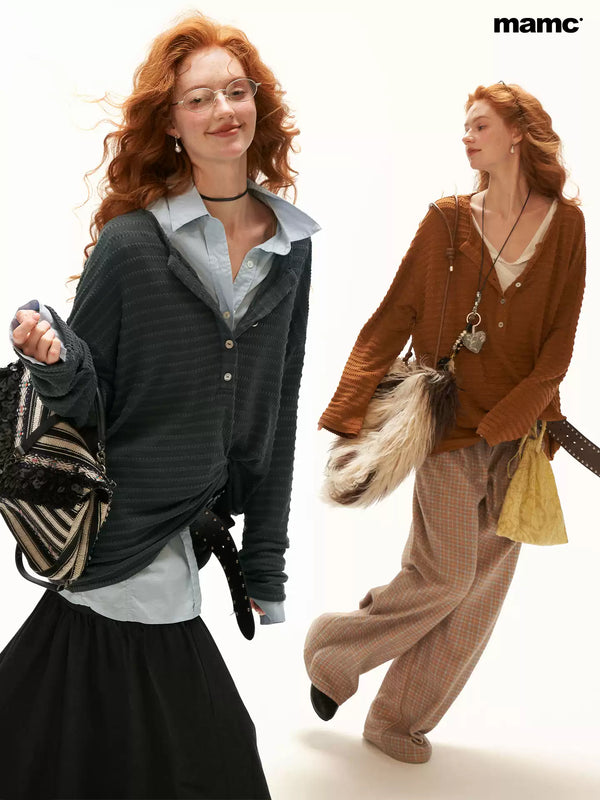 MAMC - Textured Henley Long Sleeve Top (Gray / Brown)
