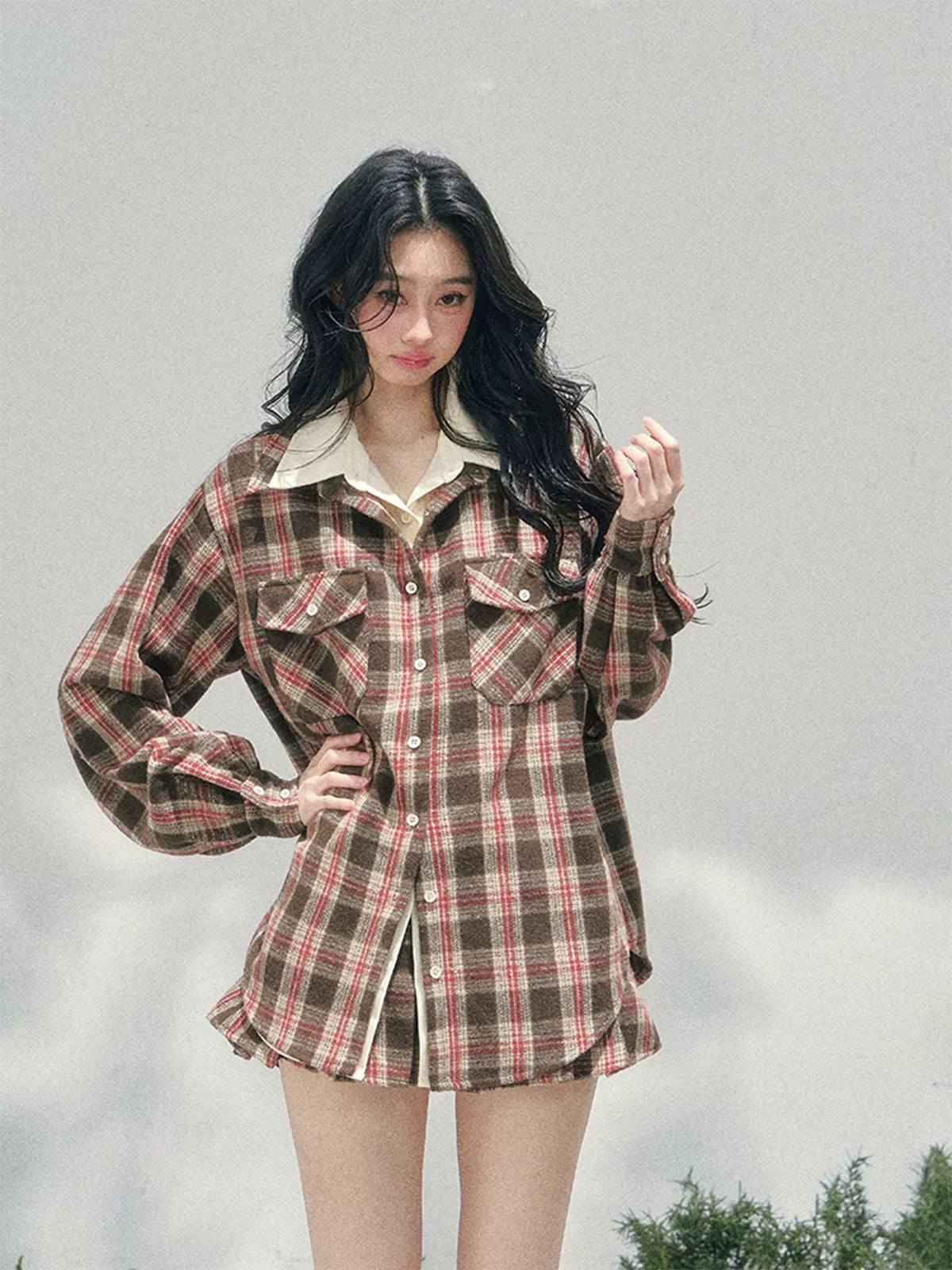 “Café Daydream” British Plaid Shirt & Mini Skirt Set